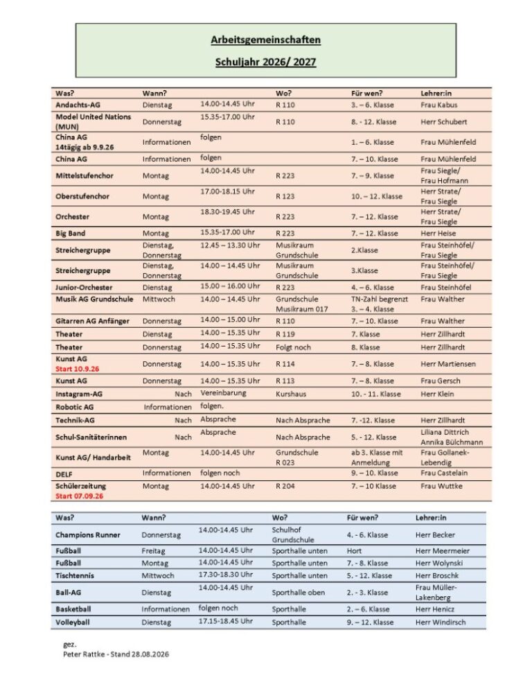Neue AG-Liste für das Schuljahr 2026/2027