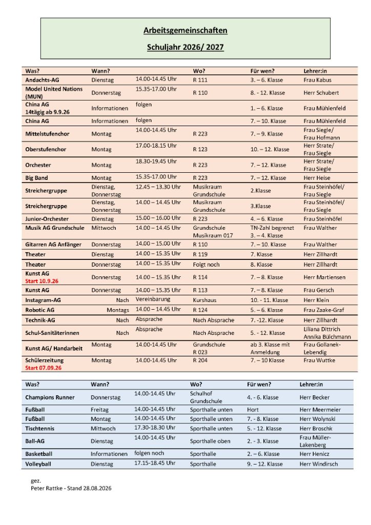 Neue AG-Liste für das Schuljahr 2026/2027
